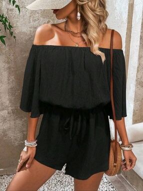 Off-Shoulder Black Romper with Drawstring Waist Sizes 4 6 8 & 12